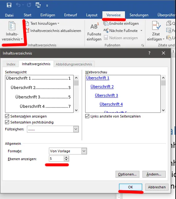 Word Inhaltsverzeichnis